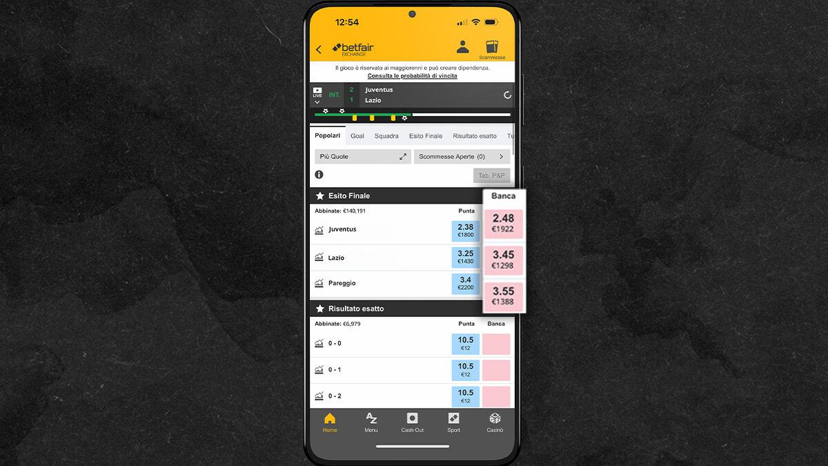 La sezione Banca nella schermata di Betting Exchange di Betfair